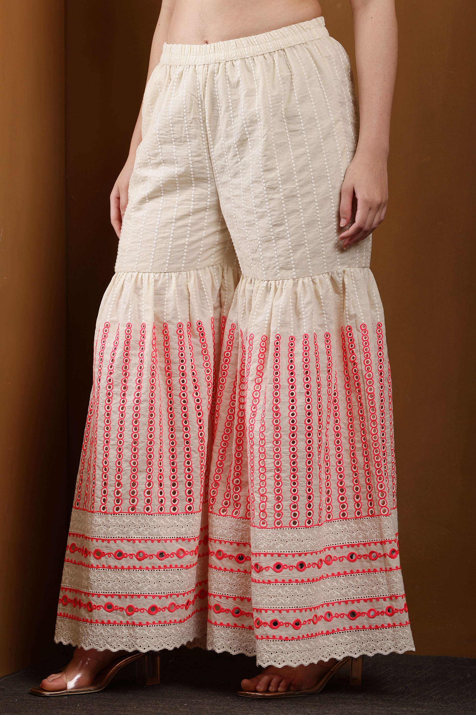 Elegant Cream & Pink Embroidered Garara Set