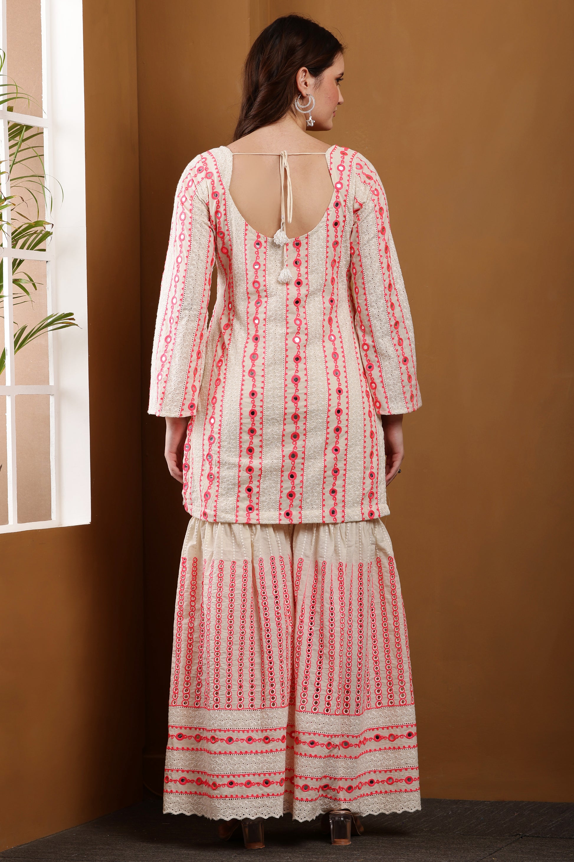 Elegant Cream & Pink Embroidered Garara Set
