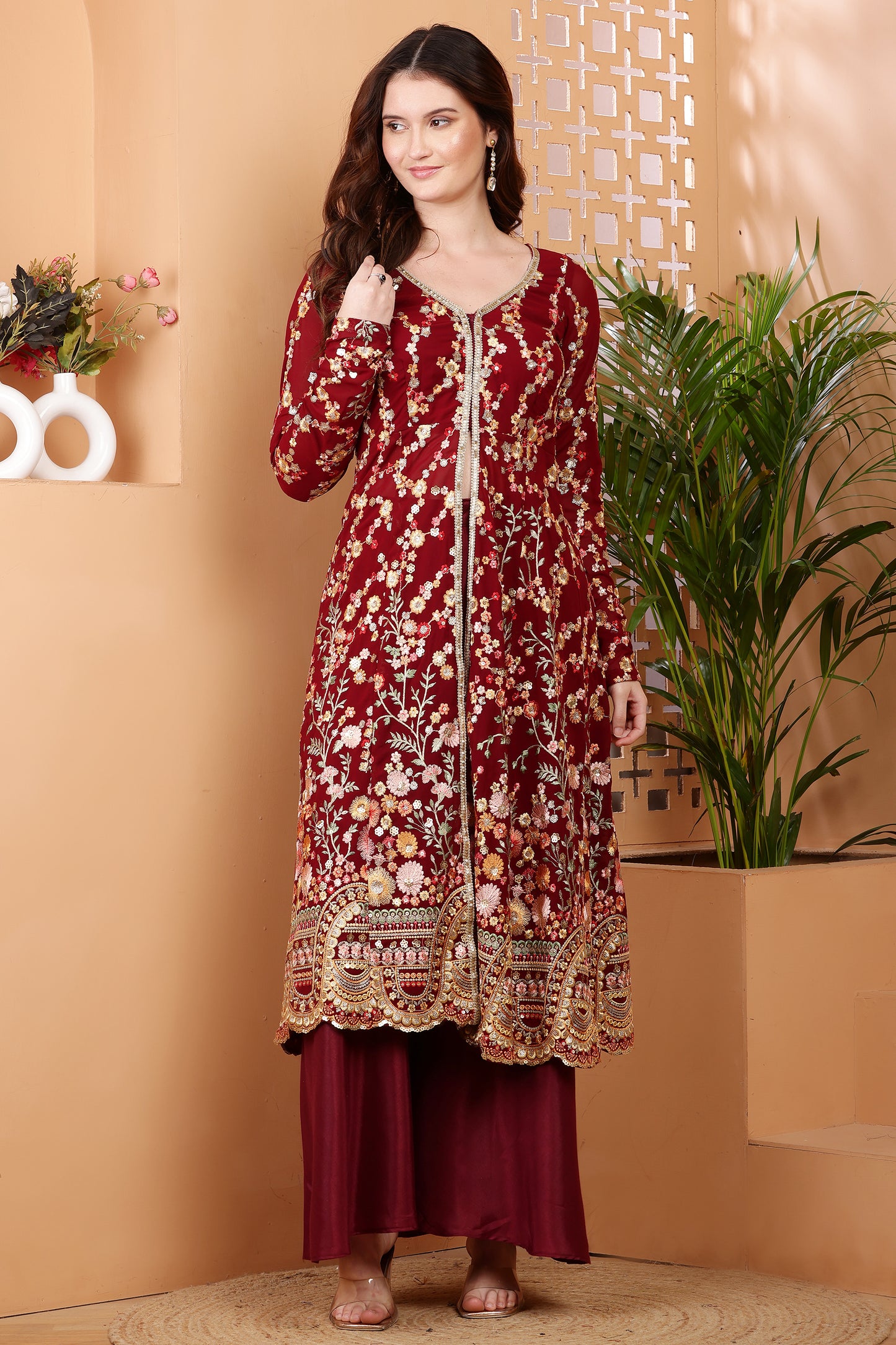 Luxurious Maroon Embroidered Anarkali Suit with Gold Detailing