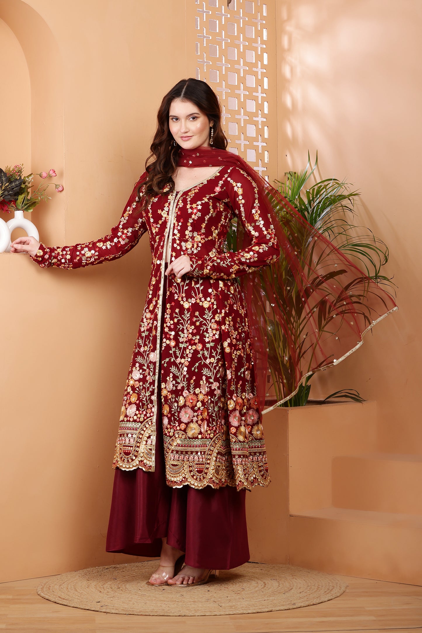 Luxurious Maroon Embroidered Anarkali Suit with Gold Detailing