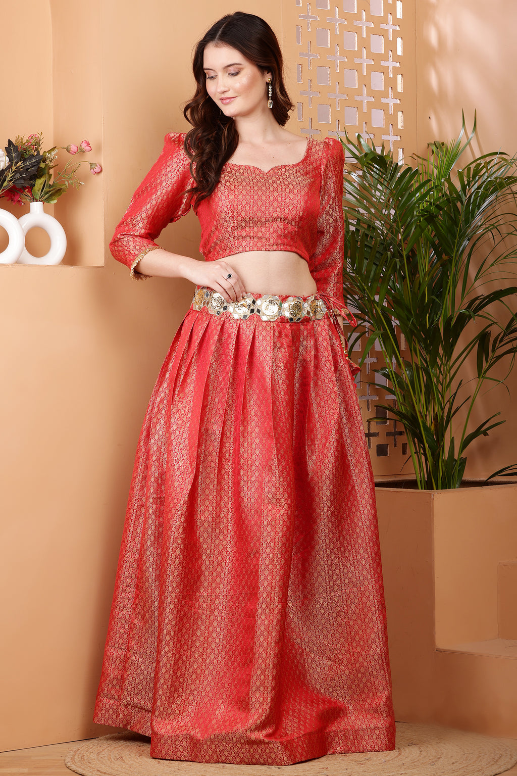 Radiance red backless crop top with skirt