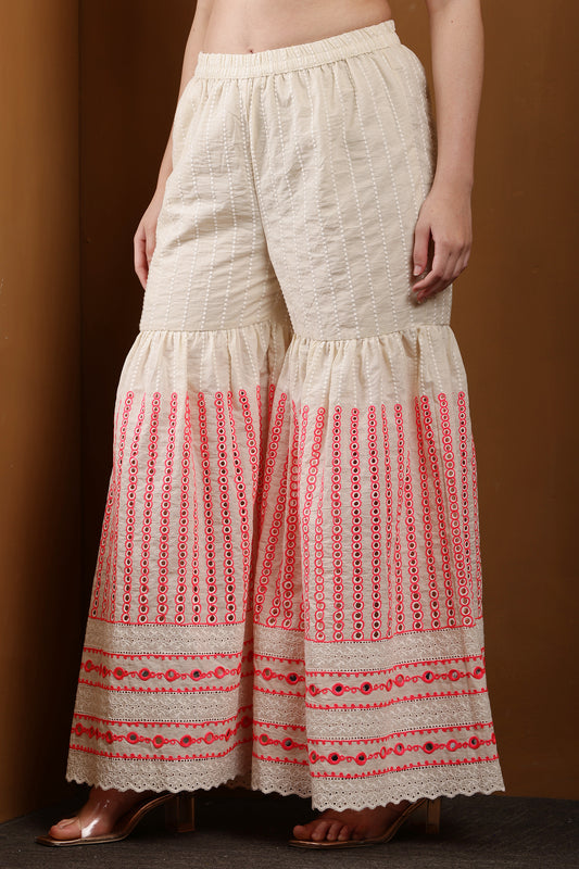 Elegant Cream & Pink Embroidered Garara Set