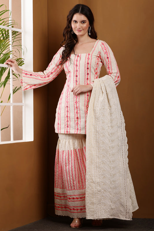 Elegant Cream & Pink Embroidered Garara Set