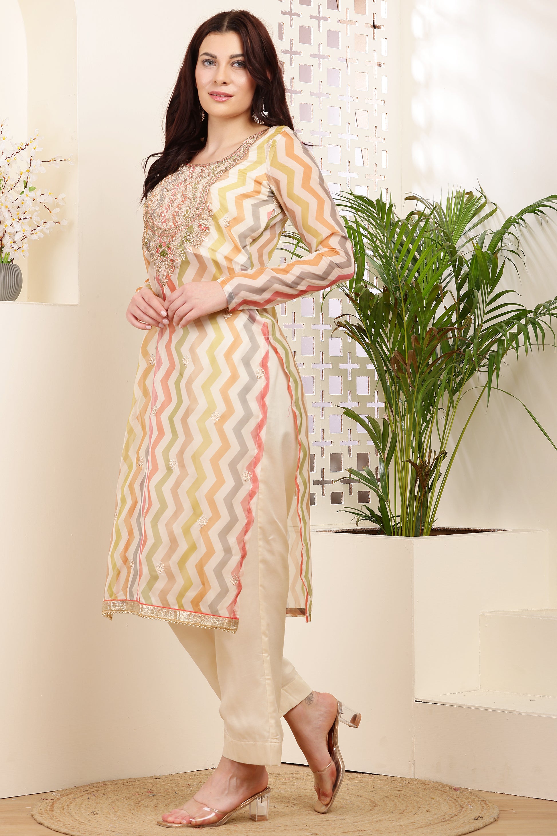 Exquisite Embellished Chevron Kurti & Pants Set