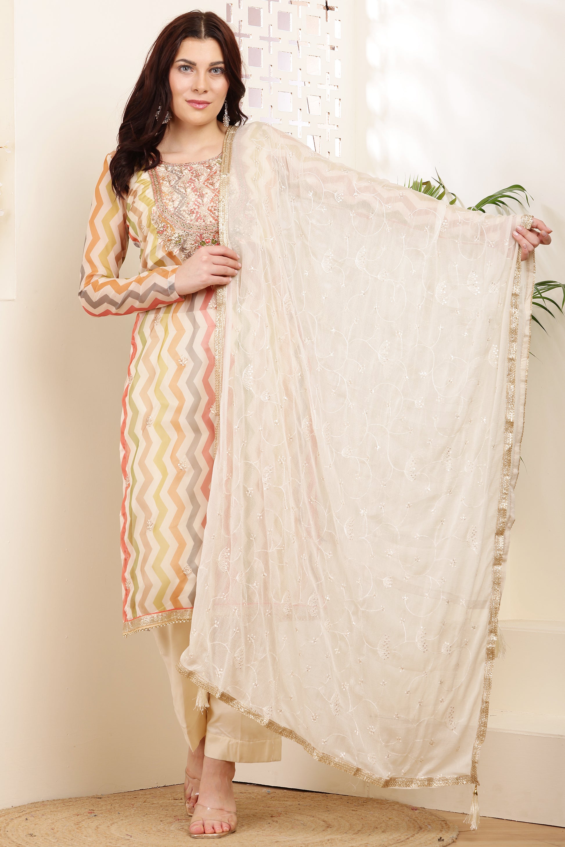 Exquisite Embellished Chevron Kurti & Pants Set