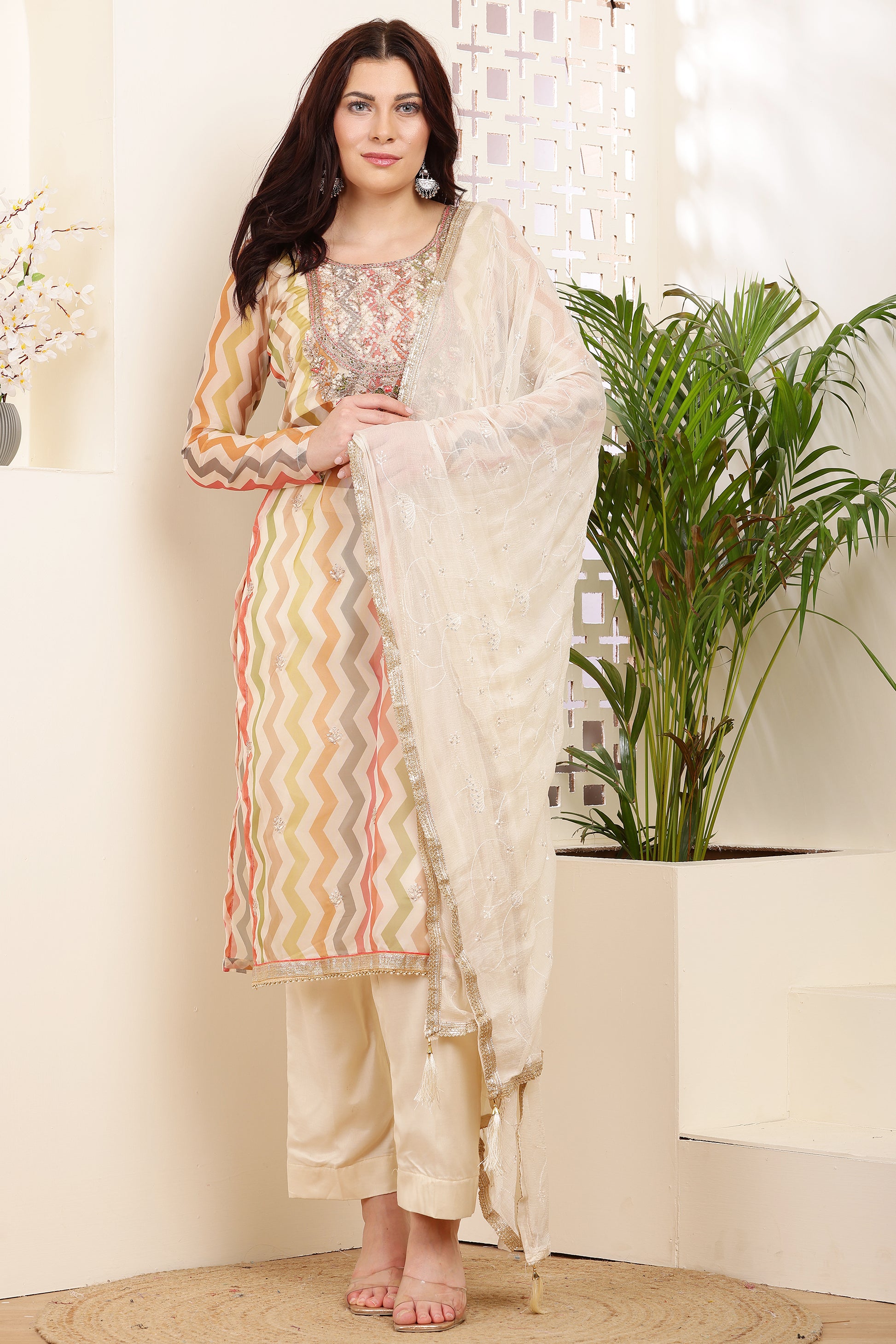 Exquisite Embellished Chevron Kurti & Pants Set