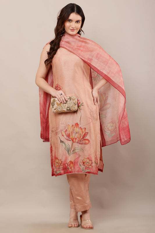Elegant Floral Organza Ensemble - Coral