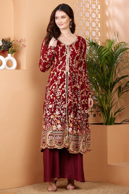Luxurious Maroon Embroidered Anarkali Suit with Gold Detailing