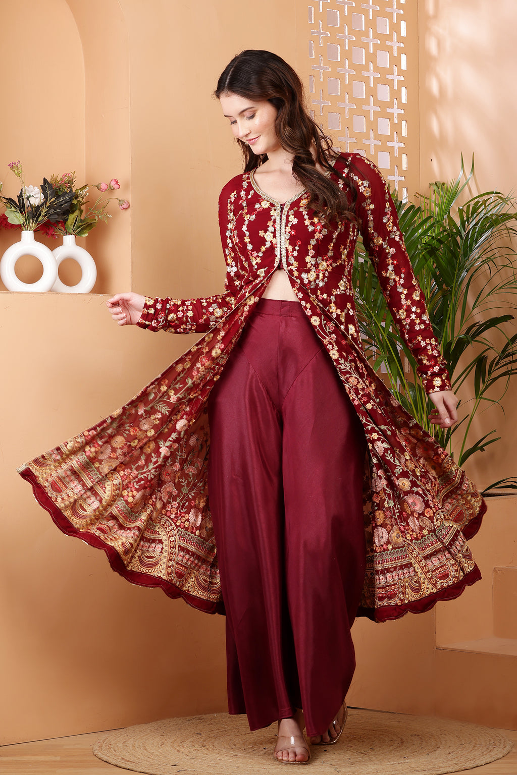 Luxurious Maroon Embroidered Anarkali Suit with Gold Detailing
