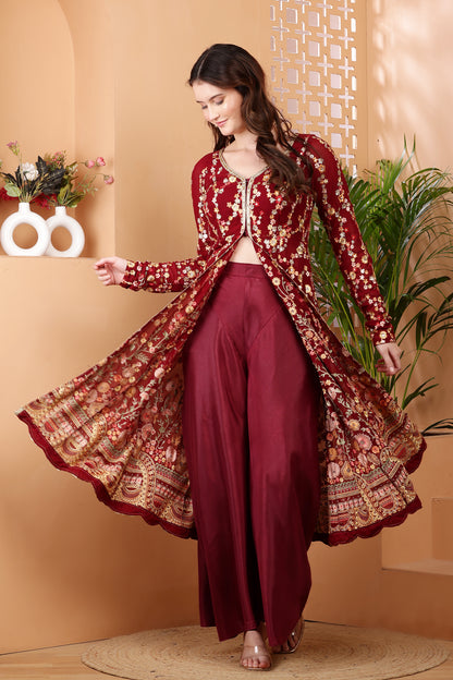 Luxurious Maroon Embroidered Anarkali Suit with Gold Detailing