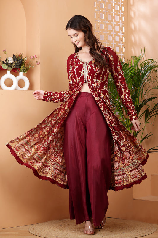 Luxurious Maroon Embroidered Anarkali Suit with Gold Detailing
