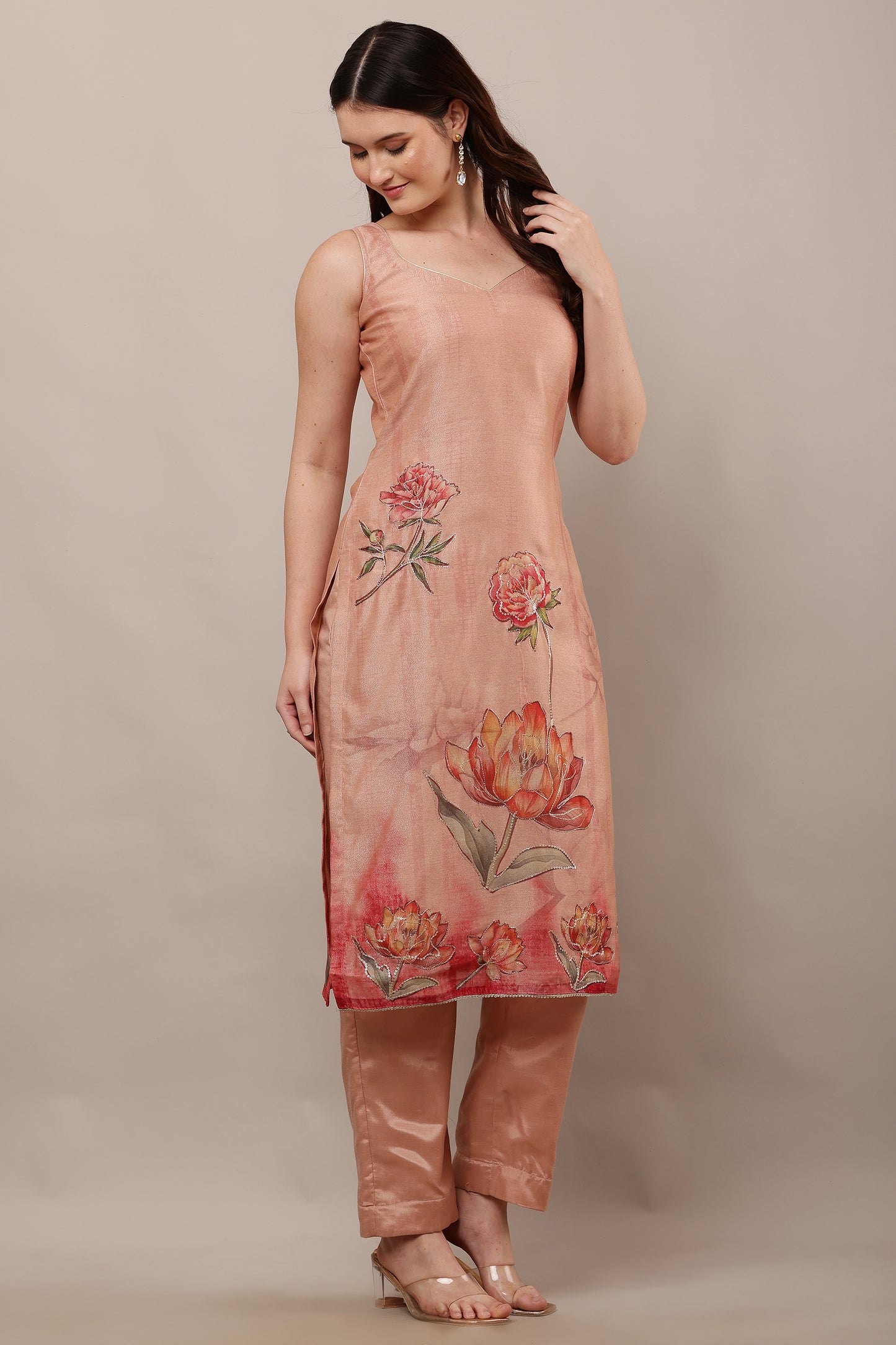 Elegant Floral Organza Ensemble - Coral