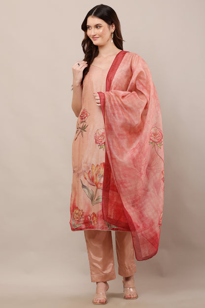 Elegant Floral Organza Ensemble - Coral