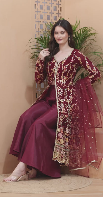 Luxurious Maroon Embroidered Anarkali Suit with Gold Detailing